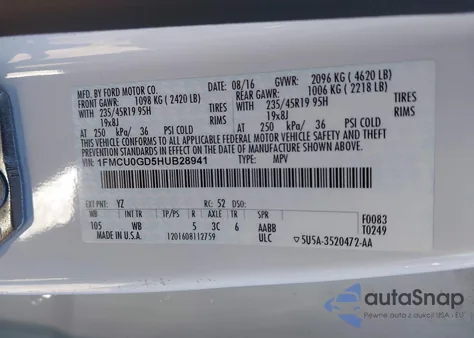 2017 Ford Escape Se z USA, uszkodzony, nr VIN 1FMCU0GD5HUB28941